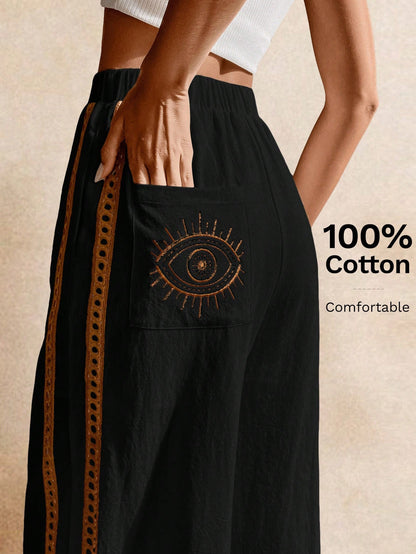 Poéselle Women's Wide Leg Loose Casual Pants With Sun Embroidered Pockets,Vacation Outfits Woman,Beach Vacation,Embroidered Pants,Summer Outfits For Women Vacation Outfits Women Resort Wear