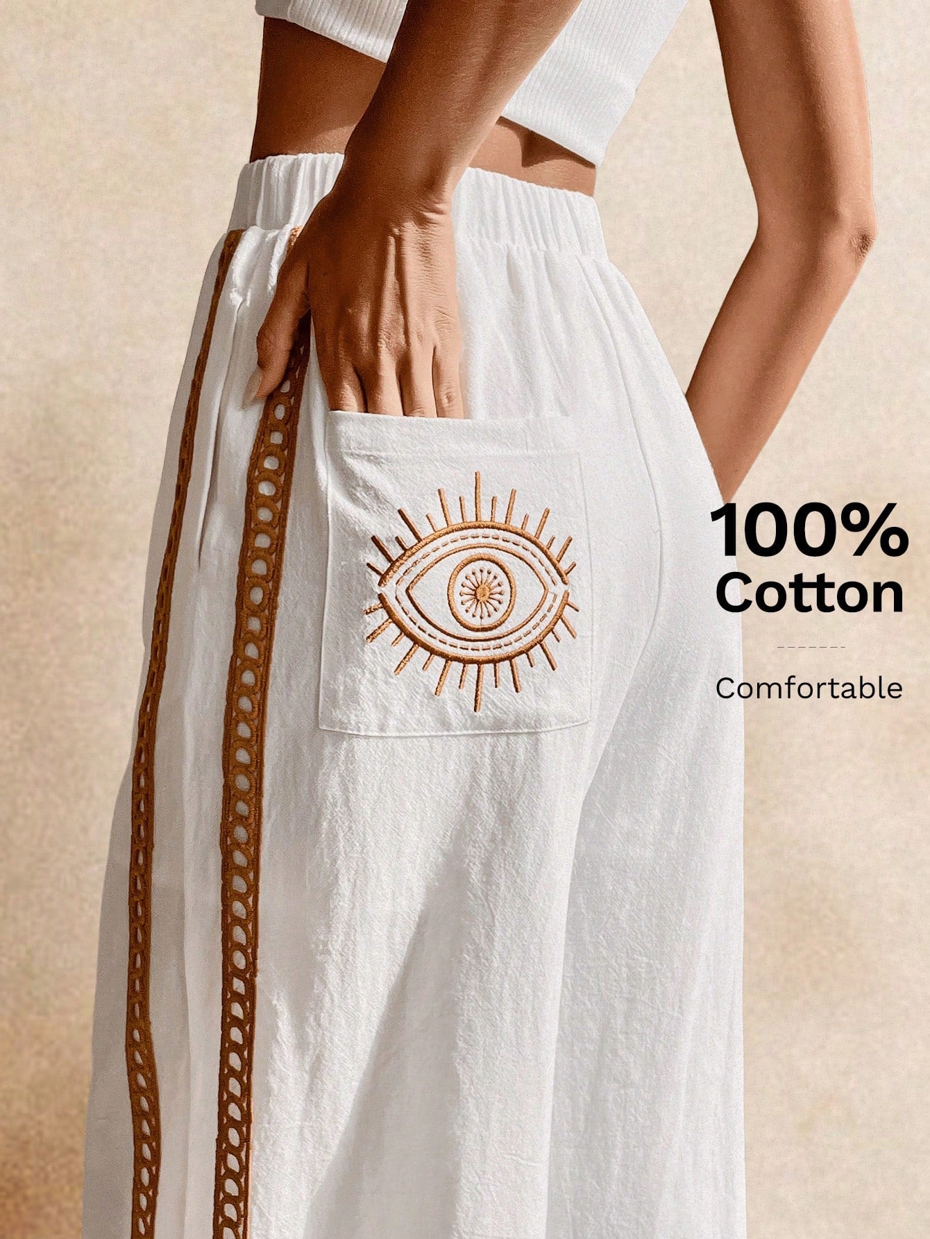 Poéselle Women's Wide Leg Loose Casual Pants With Sun Embroidered Pockets,Vacation Outfits Woman,Beach Vacation,Embroidered Pants,Summer Outfits For Women Vacation Outfits Women Resort Wear