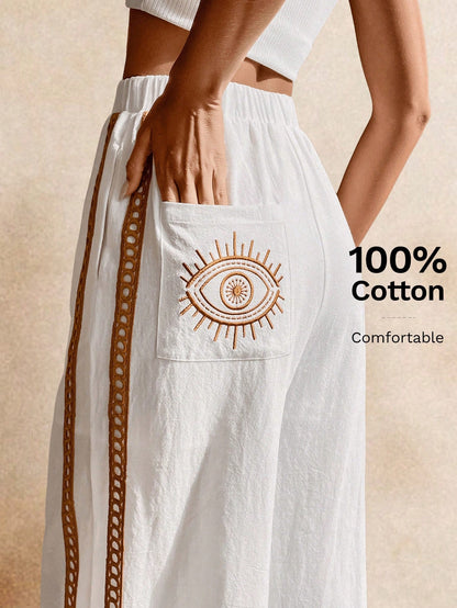 Poéselle Women's Wide Leg Loose Casual Pants With Sun Embroidered Pockets,Vacation Outfits Woman,Beach Vacation,Embroidered Pants,Summer Outfits For Women Vacation Outfits Women Resort Wear