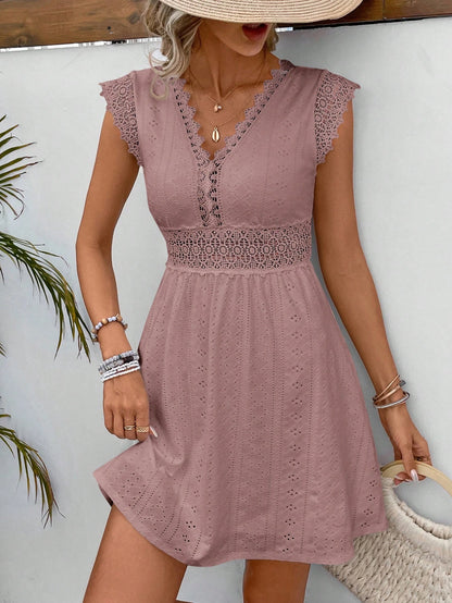 SHEIN Frenchy Women Simple Solid Color Hollow Out Jagged Edge Short Sleeve Casual Dress,Summer Dresses For Women