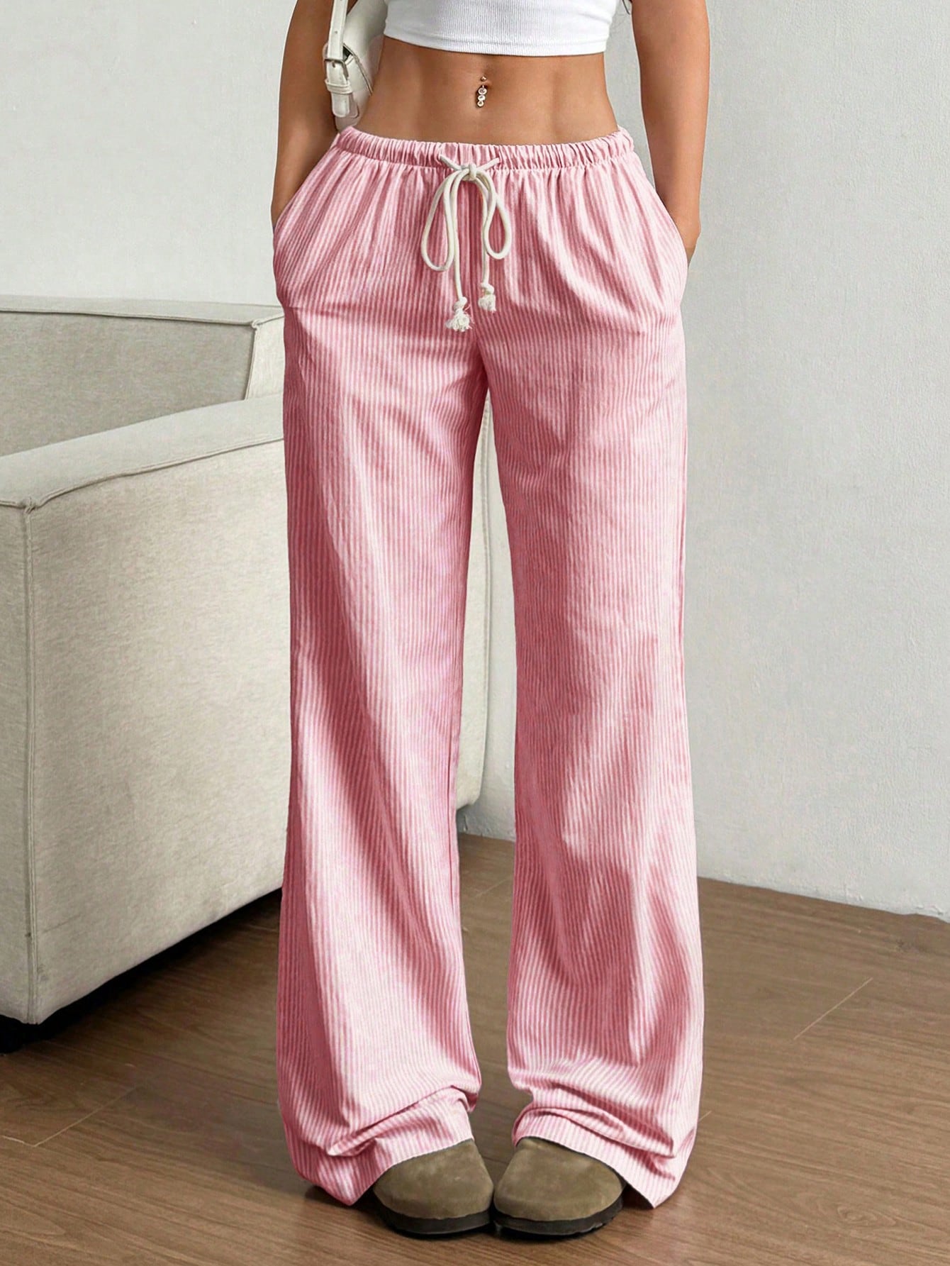 Flirla Pink Cotton Drawstring Waist Straight Leg Pants, Fashion Casual Home Wear For Women, Spring Fall Cloth For Women