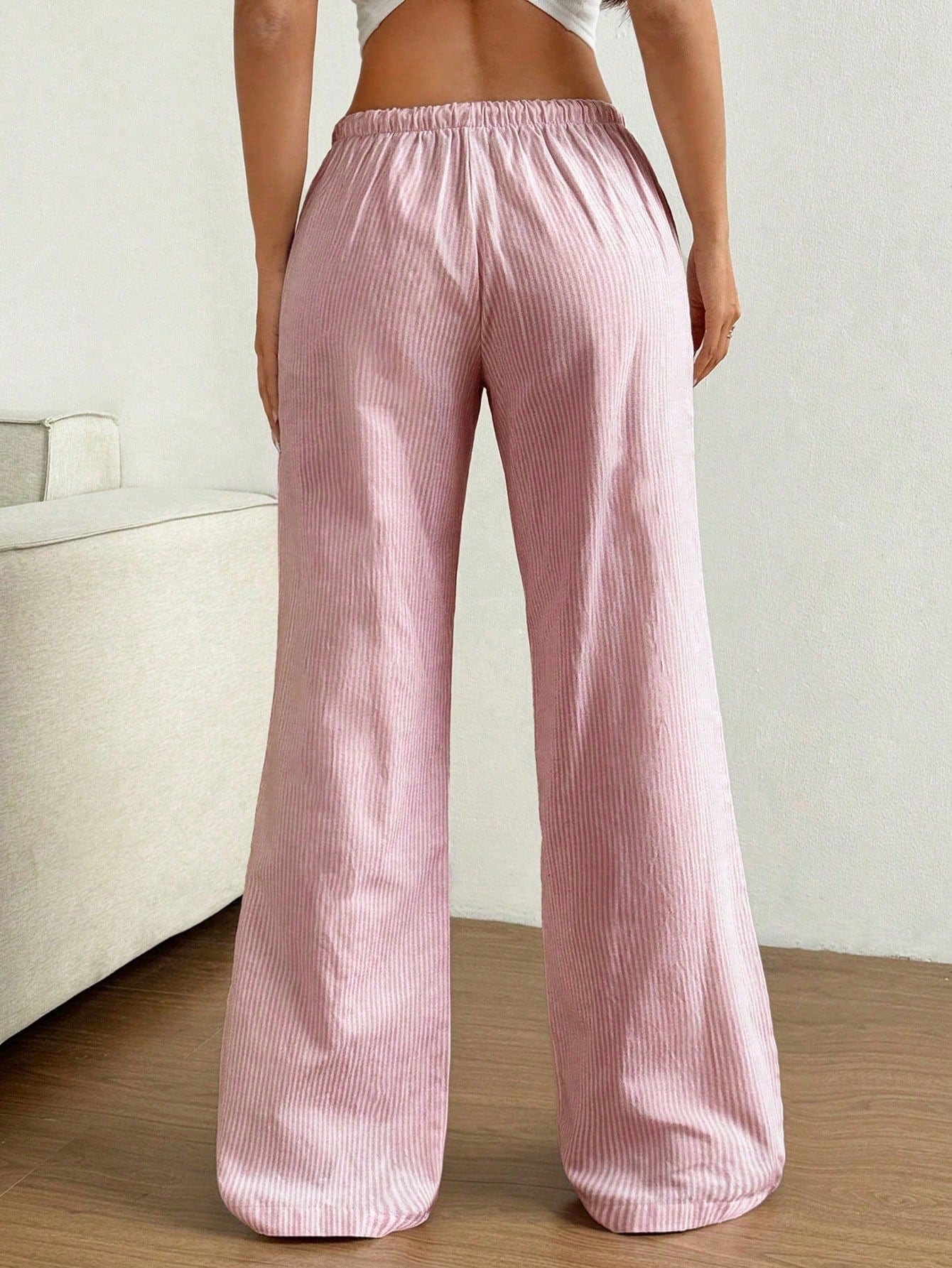 Flirla Pink Cotton Drawstring Waist Straight Leg Pants, Fashion Casual Home Wear For Women, Spring Fall Cloth For Women
