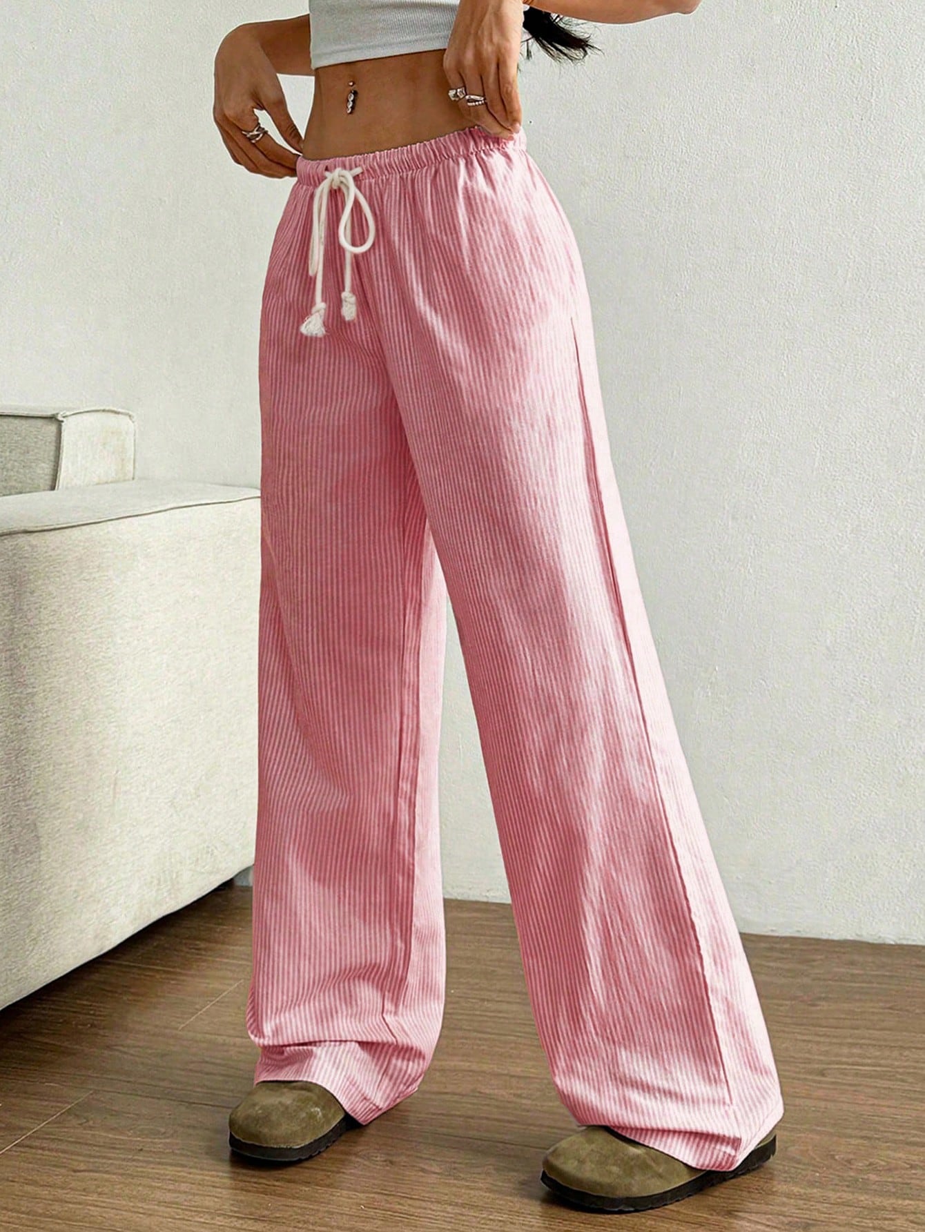 Flirla Pink Cotton Drawstring Waist Straight Leg Pants, Fashion Casual Home Wear For Women, Spring Fall Cloth For Women