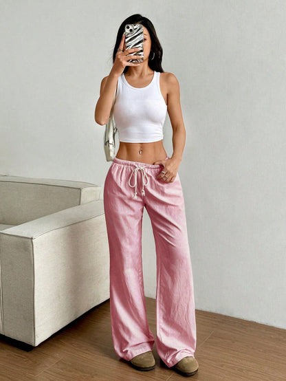 Flirla Pink Cotton Drawstring Waist Straight Leg Pants, Fashion Casual Home Wear For Women, Spring Fall Cloth For Women
