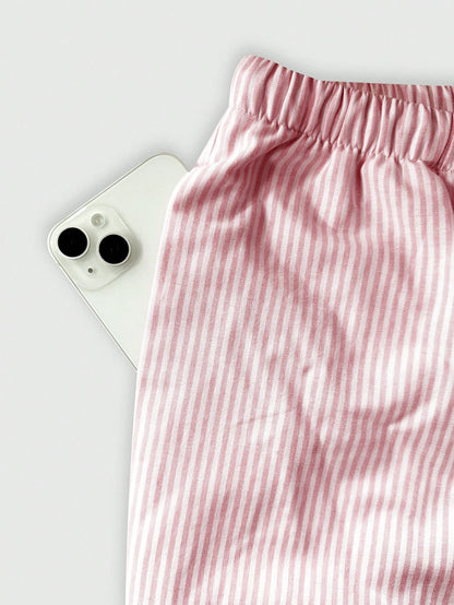 Flirla Pink Cotton Drawstring Waist Straight Leg Pants, Fashion Casual Home Wear For Women, Spring Fall Cloth For Women