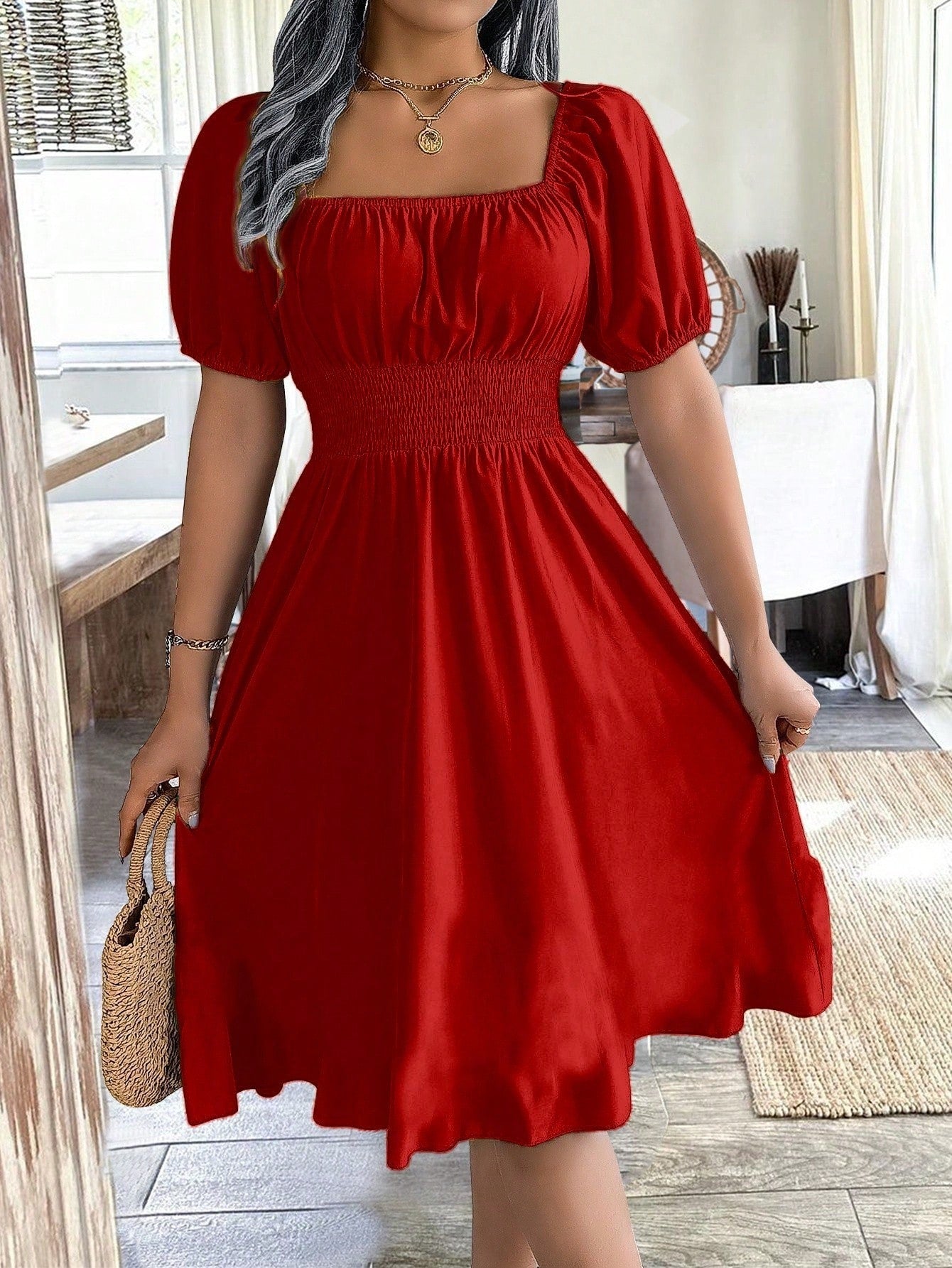 Chiquease 1pc Women Square Collar Puff Sleeve Cinched Waist Palazzo Green Dress, Spring/Summer