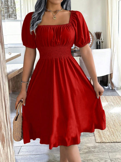 Chiquease 1pc Women Square Collar Puff Sleeve Cinched Waist Palazzo Green Dress, Spring/Summer