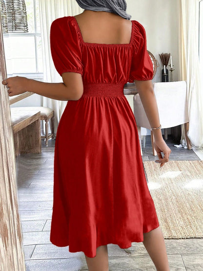 Chiquease 1pc Women Square Collar Puff Sleeve Cinched Waist Palazzo Green Dress, Spring/Summer