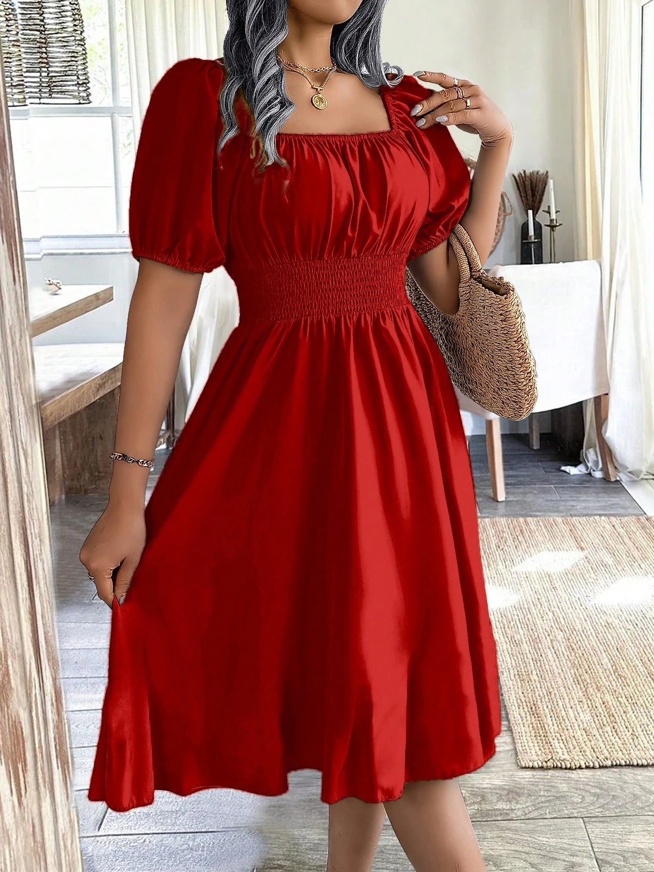 Chiquease 1pc Women Square Collar Puff Sleeve Cinched Waist Palazzo Green Dress, Spring/Summer