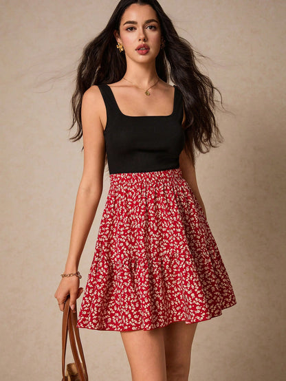 SHEIN Frenchy Summer Vacation Ladies' Floral Pattern Sleeveless A Line Waist-Cinching Dress