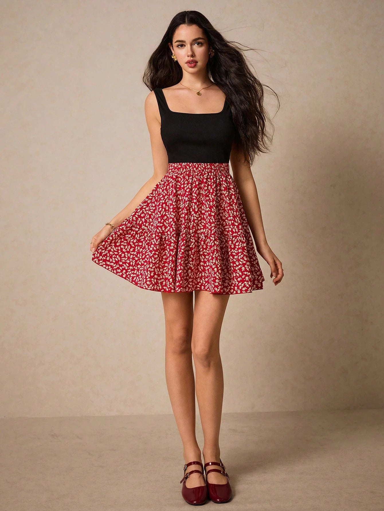 SHEIN Frenchy Summer Vacation Ladies' Floral Pattern Sleeveless A Line Waist-Cinching Dress