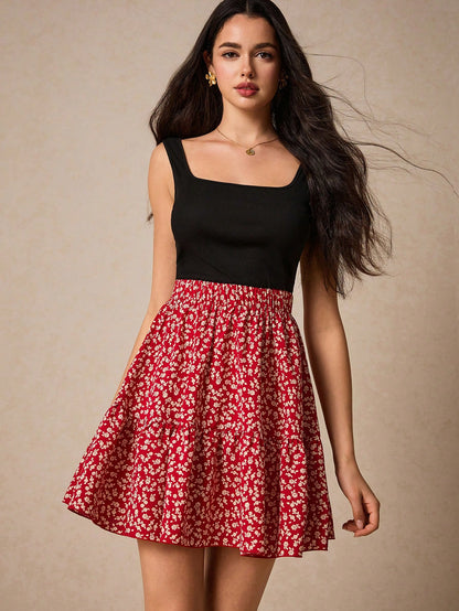 SHEIN Frenchy Summer Vacation Ladies' Floral Pattern Sleeveless A Line Waist-Cinching Dress