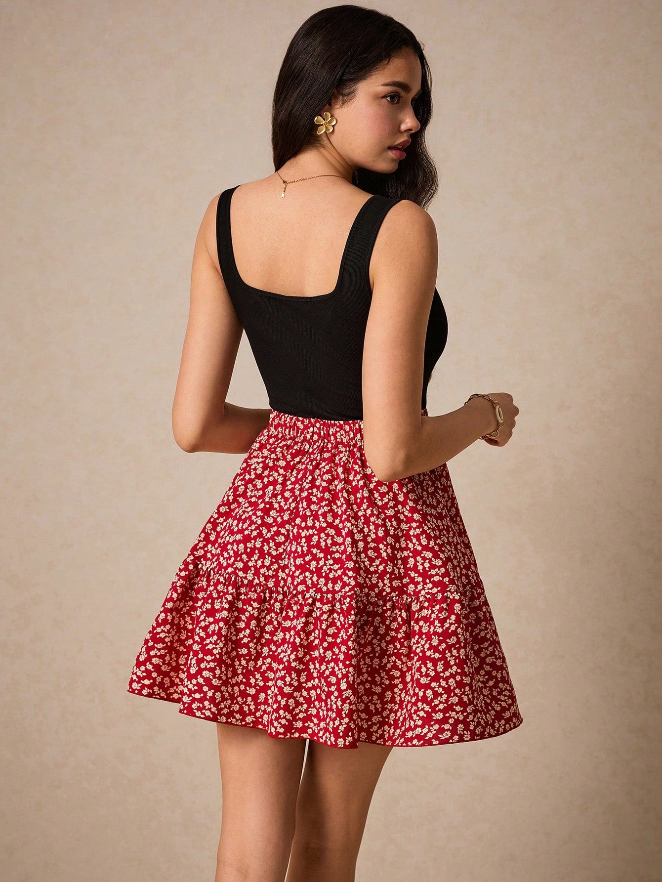 SHEIN Frenchy Summer Vacation Ladies' Floral Pattern Sleeveless A Line Waist-Cinching Dress