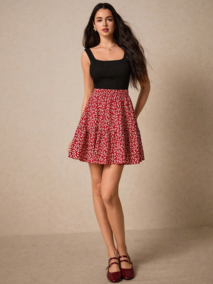 SHEIN Frenchy Summer Vacation Ladies' Floral Pattern Sleeveless A Line Waist-Cinching Dress