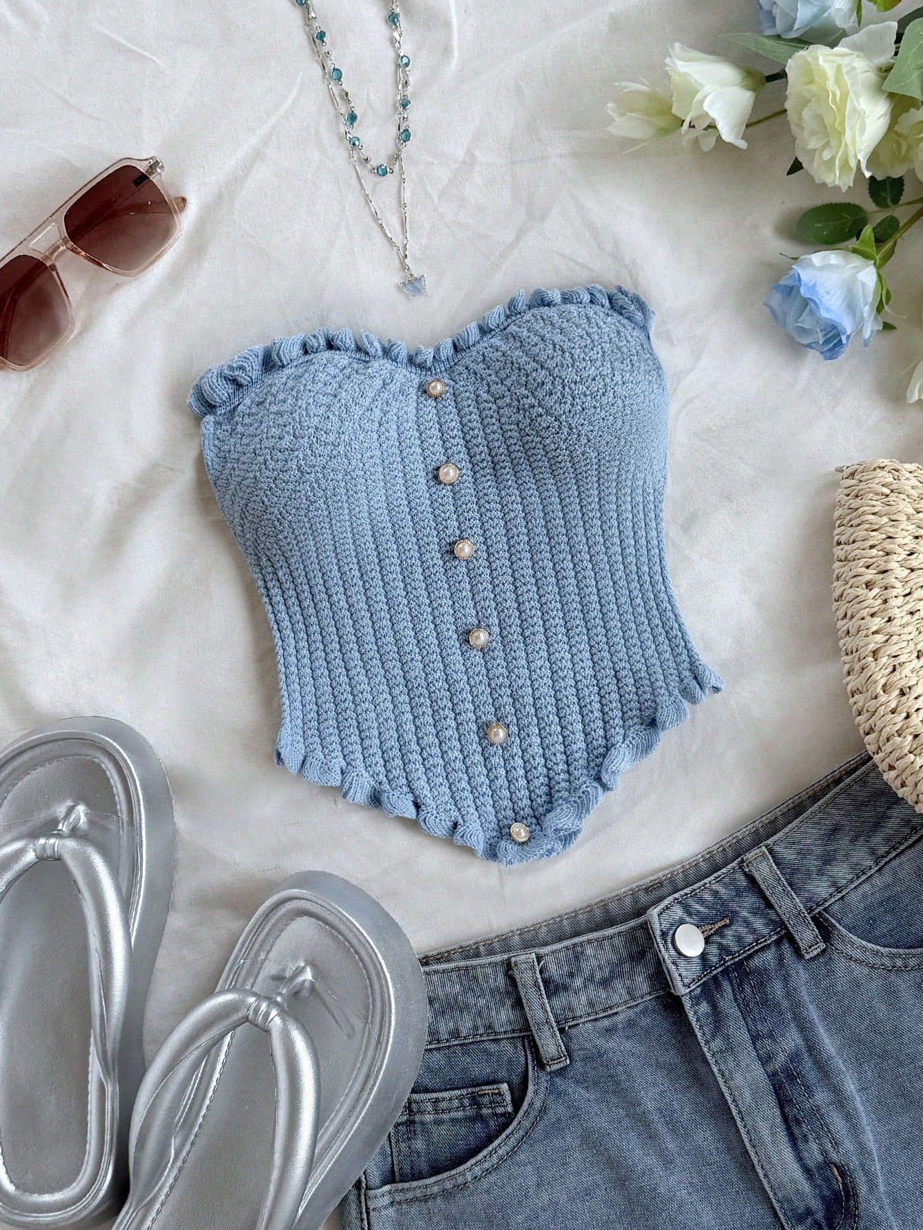 Soleia Women's Button Decor Fashion Casual Ruffle Hem Knitted Camisole Top,Going Out Top