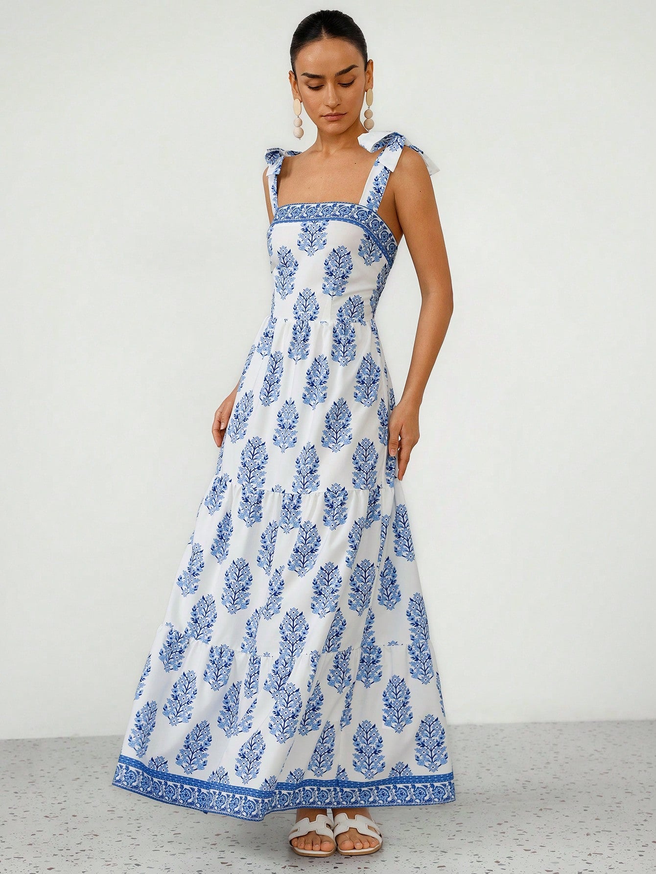 Aveloria Modichic Elegant French Style Vacation Print Spaghetti Strap Tied Bow Open Back Cinched Waist Flare Dress For Women