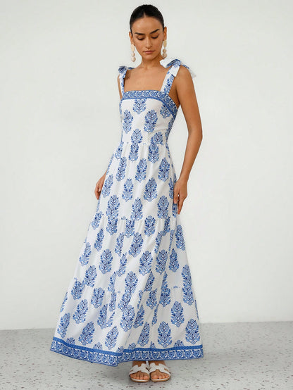 Aveloria Modichic Elegant French Style Vacation Print Spaghetti Strap Tied Bow Open Back Cinched Waist Flare Dress For Women