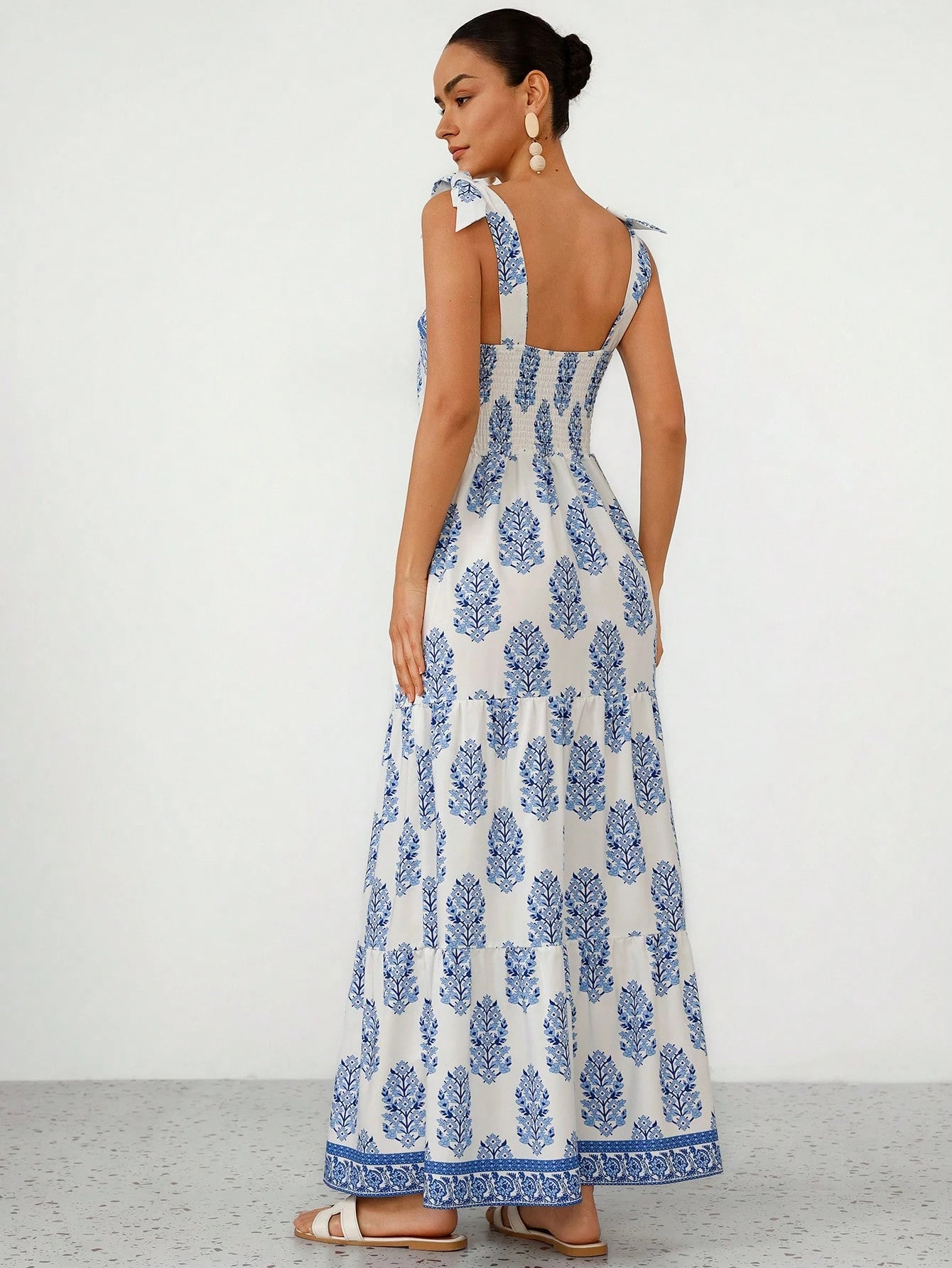 Aveloria Modichic Elegant French Style Vacation Print Spaghetti Strap Tied Bow Open Back Cinched Waist Flare Dress For Women