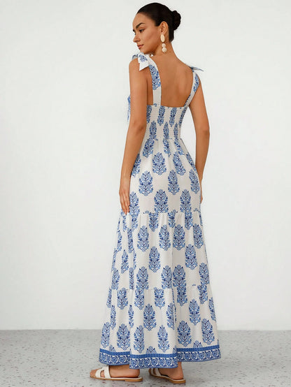 Aveloria Modichic Elegant French Style Vacation Print Spaghetti Strap Tied Bow Open Back Cinched Waist Flare Dress For Women