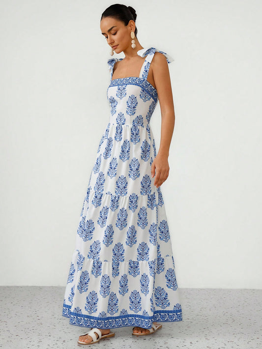 Aveloria Modichic Elegant French Style Vacation Print Spaghetti Strap Tied Bow Open Back Cinched Waist Flare Dress For Women