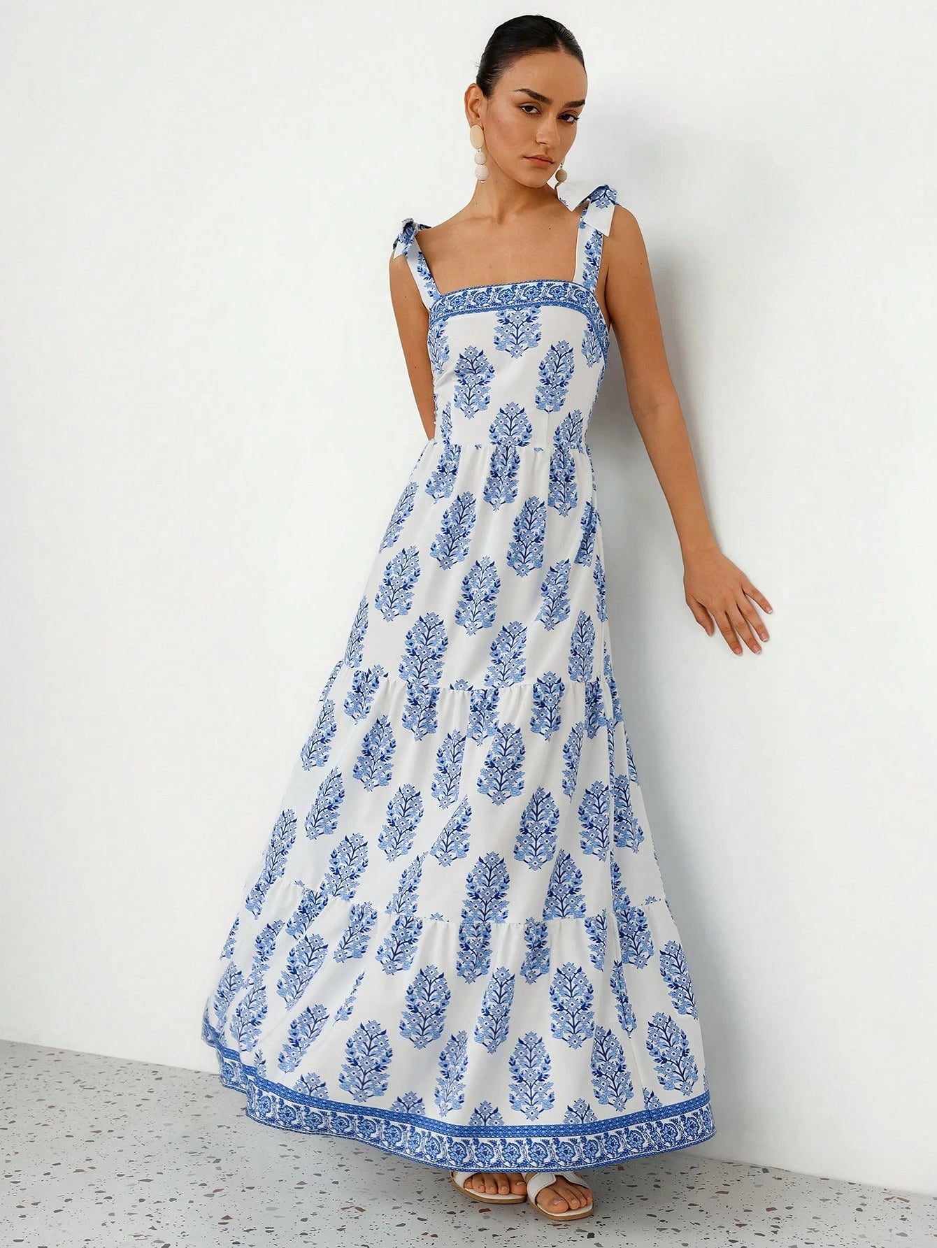 Aveloria Modichic Elegant French Style Vacation Print Spaghetti Strap Tied Bow Open Back Cinched Waist Flare Dress For Women