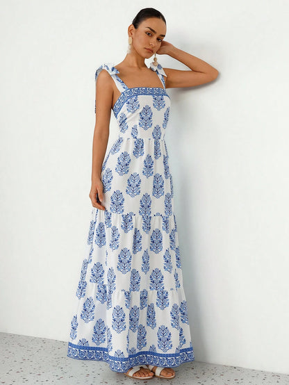 Aveloria Modichic Elegant French Style Vacation Print Spaghetti Strap Tied Bow Open Back Cinched Waist Flare Dress For Women