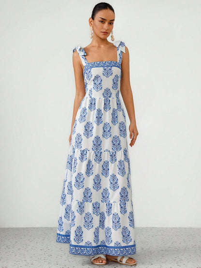 Aveloria Modichic Elegant French Style Vacation Print Spaghetti Strap Tied Bow Open Back Cinched Waist Flare Dress For Women