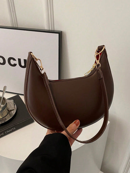 1pc Coffee Brown Crescent-Shaped PU Leather Shoulder Bag, Fashion Simple Solid Color Women Underarm Bag, Autumn/Winter