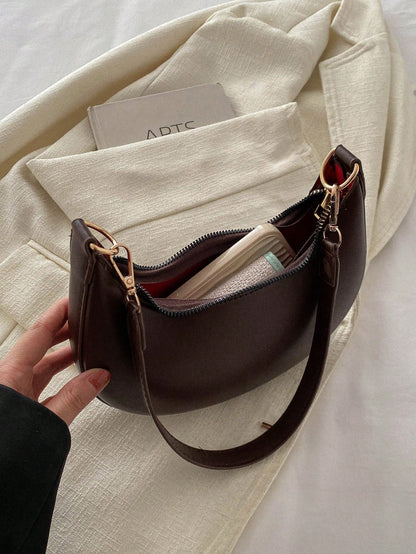 1pc Coffee Brown Crescent-Shaped PU Leather Shoulder Bag, Fashion Simple Solid Color Women Underarm Bag, Autumn/Winter