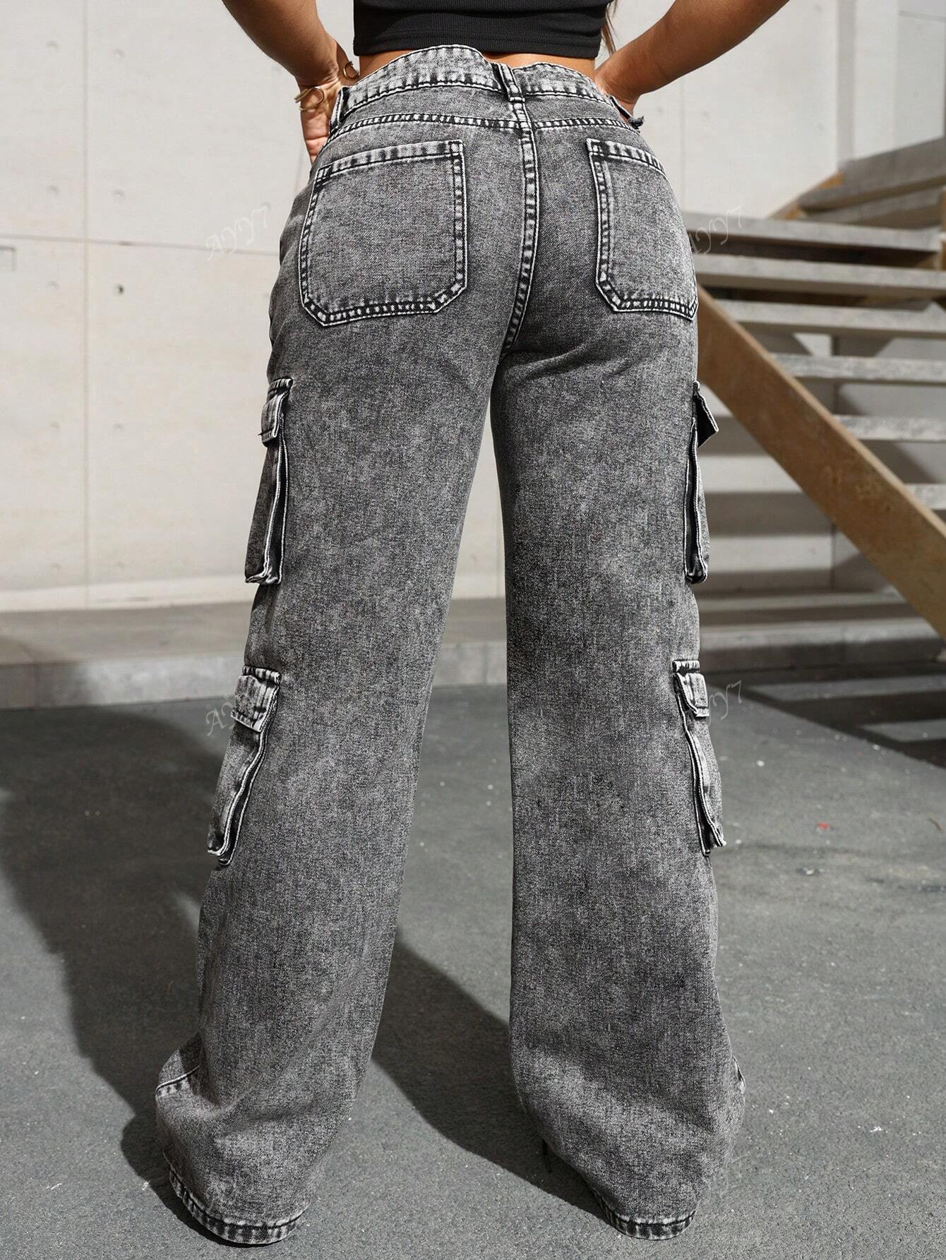 Flap Pocket Side Cargo Denim Jeans Simple Fashionable Daily Casual