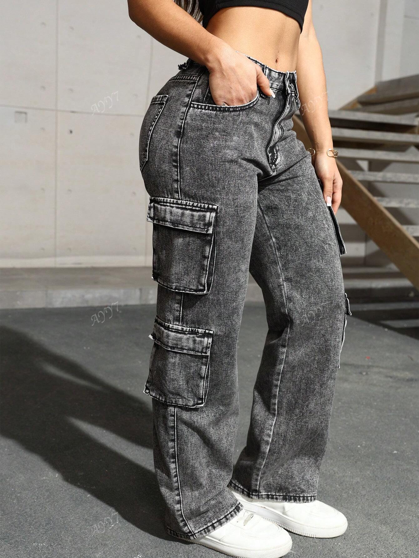 Flap Pocket Side Cargo Denim Jeans Simple Fashionable Daily Casual