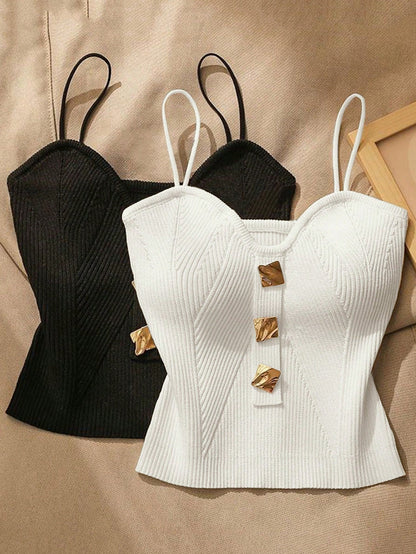 Women Metallic Decor Form-Fitting Camisole Knit Top