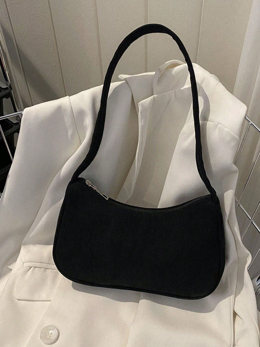 1 Pc Solid Color Corduroy Zipper Closure Fashion Shoulder Bag, Perfectly Matching With Fall Outfits Women Fall Clothes For Women
