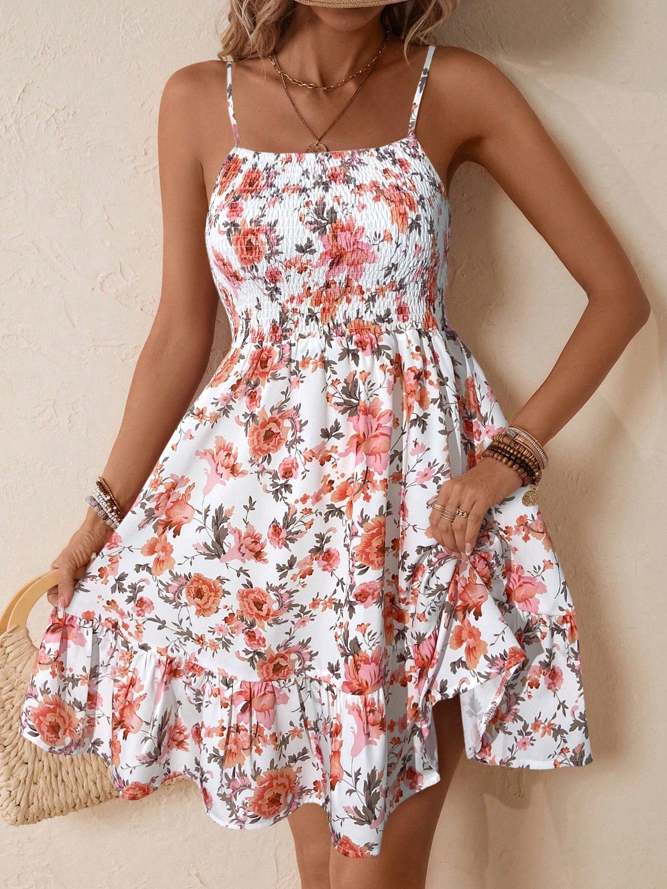 SHEIN VCAY Women's Summer Holiday Ditsy Floral Shirred Cami Casual Dress With Ruffle Hem