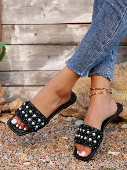 New Plus Size Luxury Anti-Slip Square Toe Mule Rhinestone & Pearl Embellished Fashion Versatile Women Beach Vacation Sandals