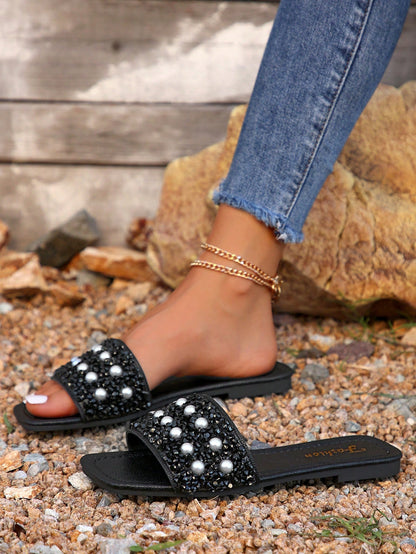 New Plus Size Luxury Anti-Slip Square Toe Mule Rhinestone & Pearl Embellished Fashion Versatile Women Beach Vacation Sandals