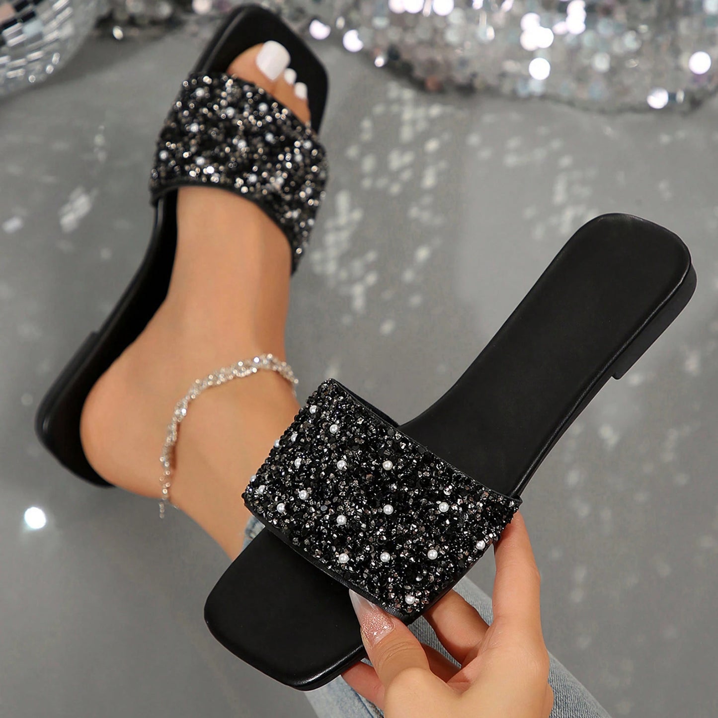 Women's Summer Beach Slippers, Rhinestones, Casual Fashion Slippers, Square Open Toe Flat Sandals, Indoor And Outdoor Valentines