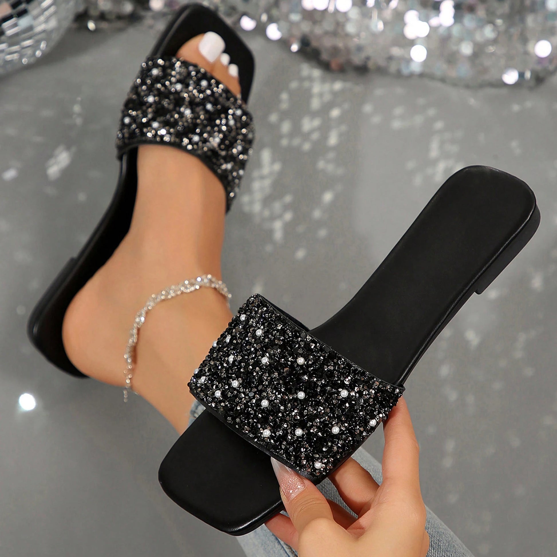 Women's Summer Beach Slippers, Rhinestones, Casual Fashion Slippers, Square Open Toe Flat Sandals, Indoor And Outdoor Valentines