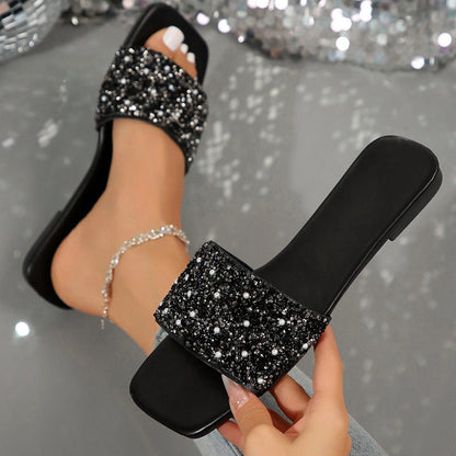 Women's Summer Beach Slippers, Rhinestones, Casual Fashion Slippers, Square Open Toe Flat Sandals, Indoor And Outdoor Valentines