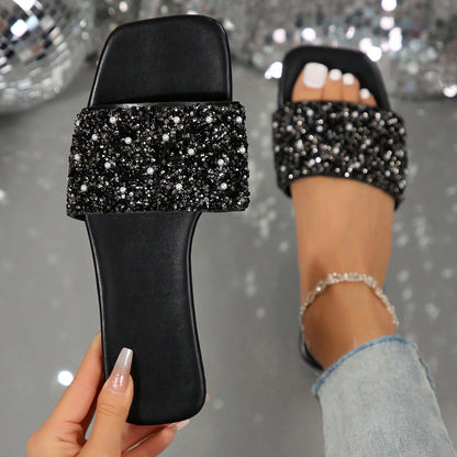 Women's Summer Beach Slippers, Rhinestones, Casual Fashion Slippers, Square Open Toe Flat Sandals, Indoor And Outdoor Valentines