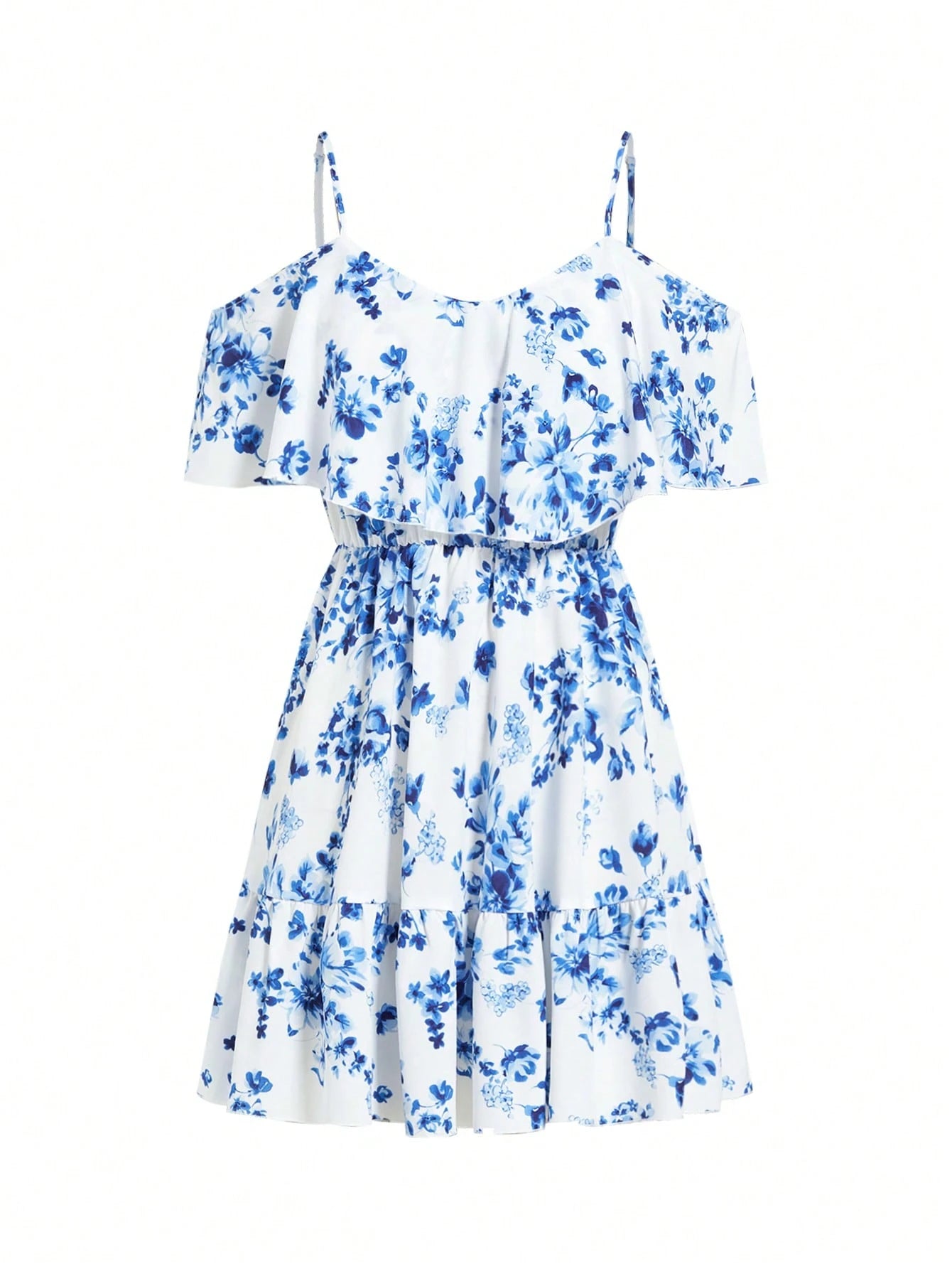 SHEIN Clasi Romantic Flower And Plant Printed Off-The-Shoulder Ruffle Strap Vacation Summer Dress Dresses Graduation,Summer Dresses For Women