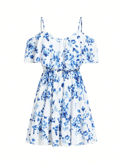 SHEIN Clasi Romantic Flower And Plant Printed Off-The-Shoulder Ruffle Strap Vacation Summer Dress Dresses Graduation,Summer Dresses For Women