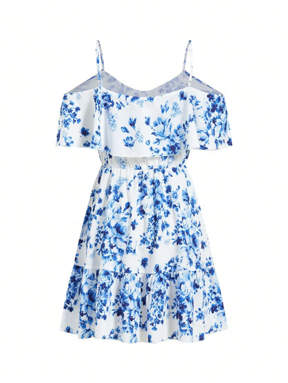 SHEIN Clasi Romantic Flower And Plant Printed Off-The-Shoulder Ruffle Strap Vacation Summer Dress Dresses Graduation,Summer Dresses For Women