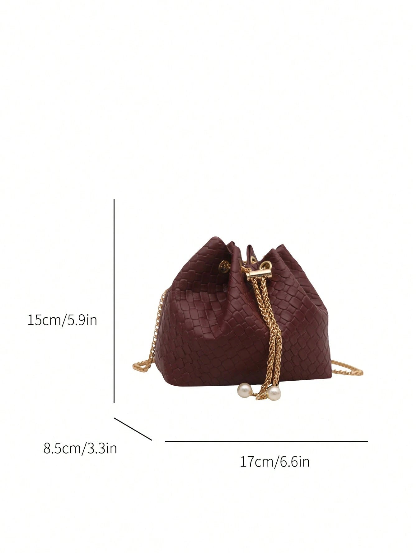 Fashion Solid Color Hollow Out Woven Chain Drawstring Mini Crossbody Bucket Bag