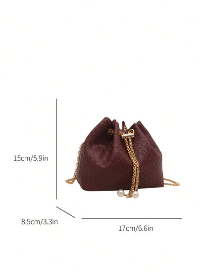 Fashion Solid Color Hollow Out Woven Chain Drawstring Mini Crossbody Bucket Bag