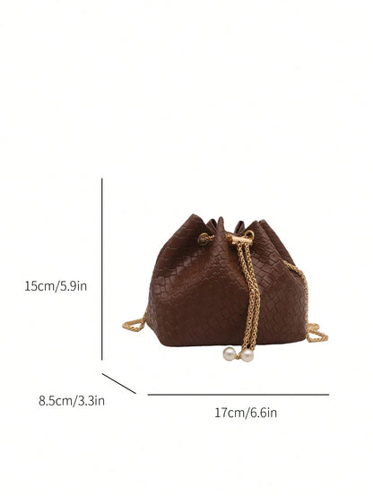 Fashion Solid Color Hollow Out Woven Chain Drawstring Mini Crossbody Bucket Bag