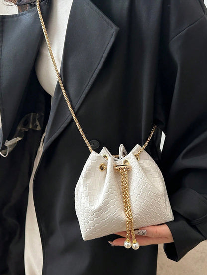 Fashion Solid Color Hollow Out Woven Chain Drawstring Mini Crossbody Bucket Bag