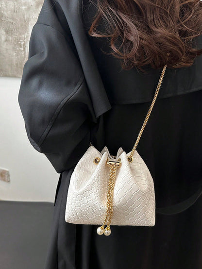 Fashion Solid Color Hollow Out Woven Chain Drawstring Mini Crossbody Bucket Bag