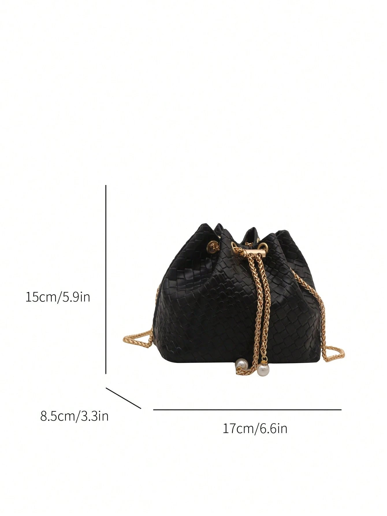 Fashion Solid Color Hollow Out Woven Chain Drawstring Mini Crossbody Bucket Bag