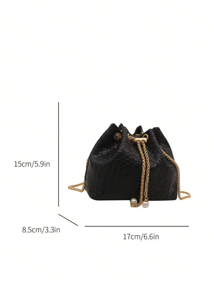 Fashion Solid Color Hollow Out Woven Chain Drawstring Mini Crossbody Bucket Bag